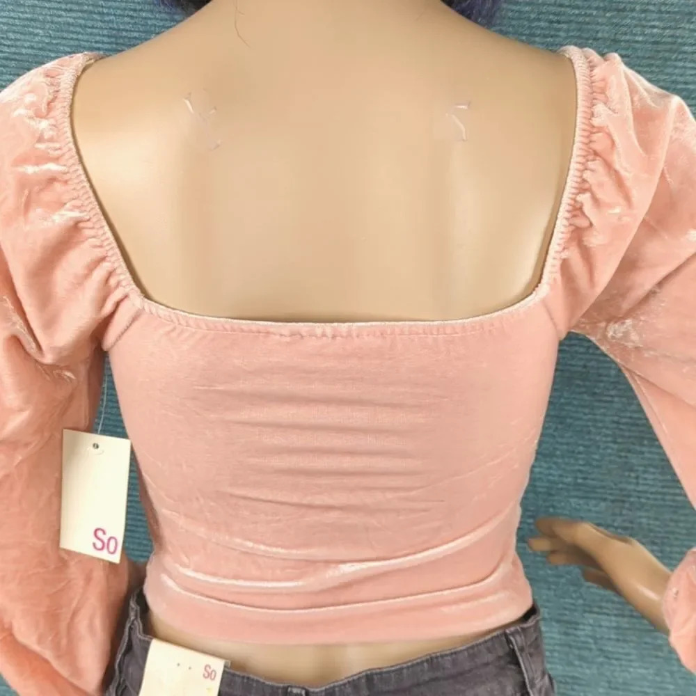 Barbie Pink Velvet Long Sleeve Ruched Crop Top, Square Neckline Juniors - Picture 9 of 13
